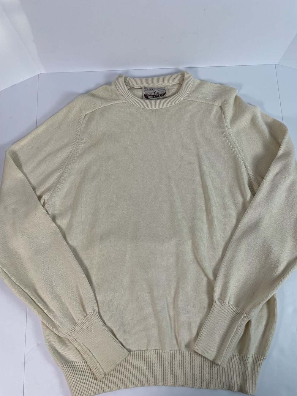 Vintage Terramar 100% Cotton Crewneck Sweater Ivory Beige Men's XL